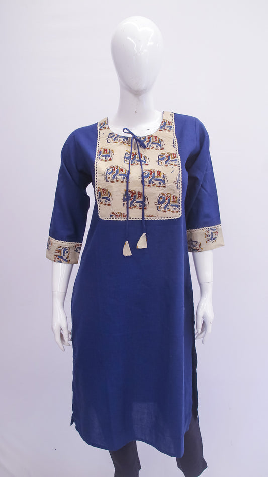 Blue kurta with embroidered details on a mannequin against a white background