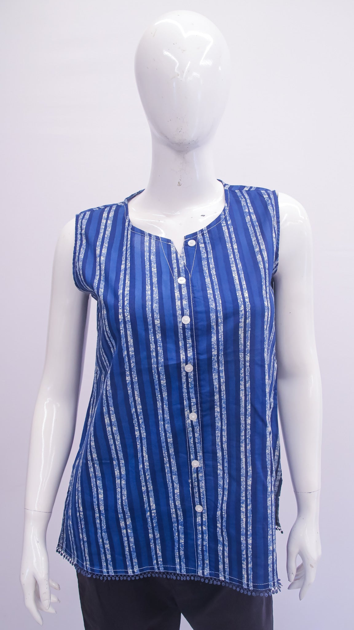 Blue and white striped sleeveless top on a mannequin against a plain background