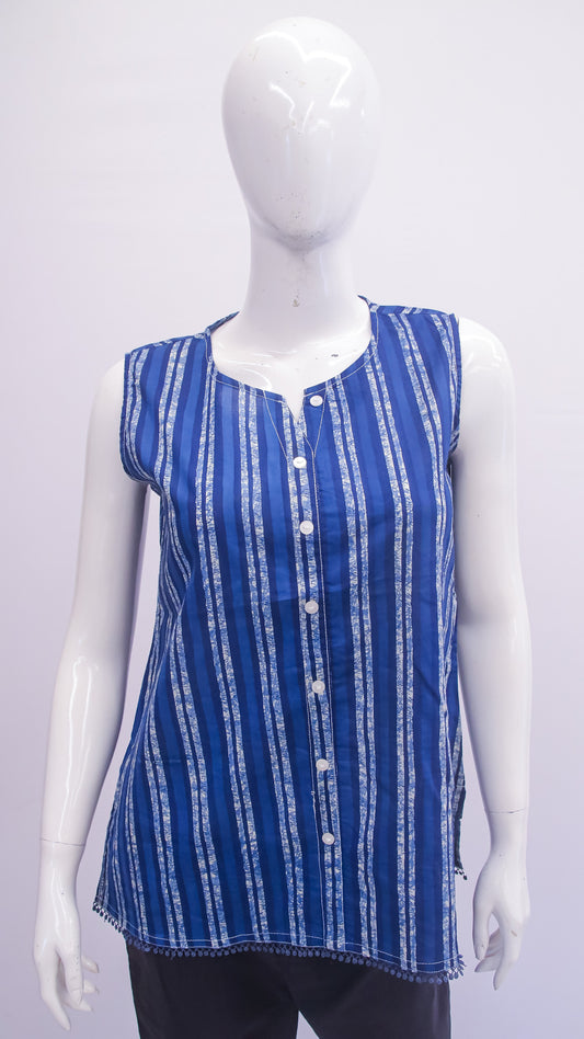 Blue and white striped sleeveless top on a mannequin against a plain background
