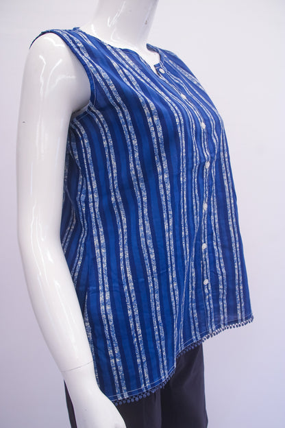 Blue and white striped top on a mannequin against a white background