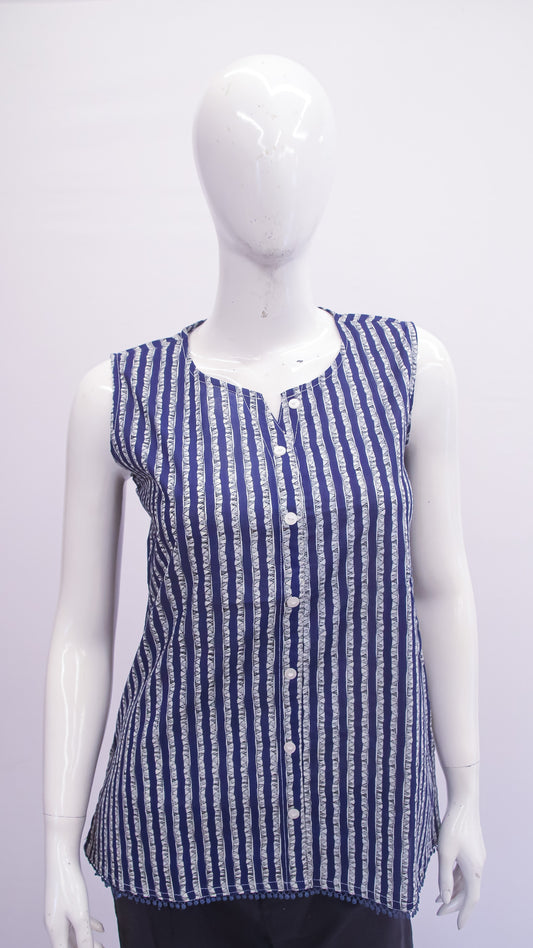 Mannequin wearing a blue and white striped sleeveless top on a light gray background