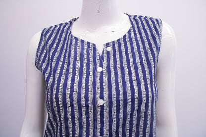 Blue and white striped sleeveless top on a mannequin against a plain background
