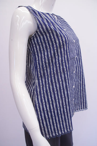 Mannequin wearing a blue and white striped top on a white background