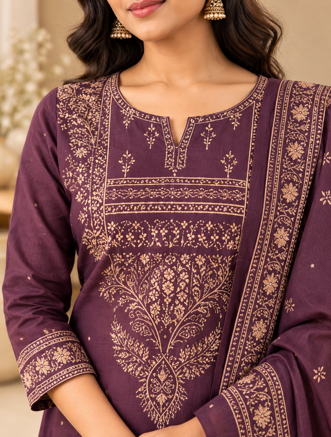 Purple cotton embroidered kurta pant set with beige-gold floral detailing and matching dupatta on a female model.
