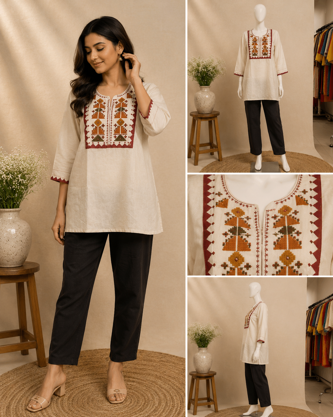 A woman modeling a cream-colored kurta with brown and red geometric embroidery on the chest and sleeve cuffs, paired with black pants. The image is a multi-view collage showing the full-body model, a mannequin view, a close-up of the embroidery, and a side profile on a warm beige studio background.