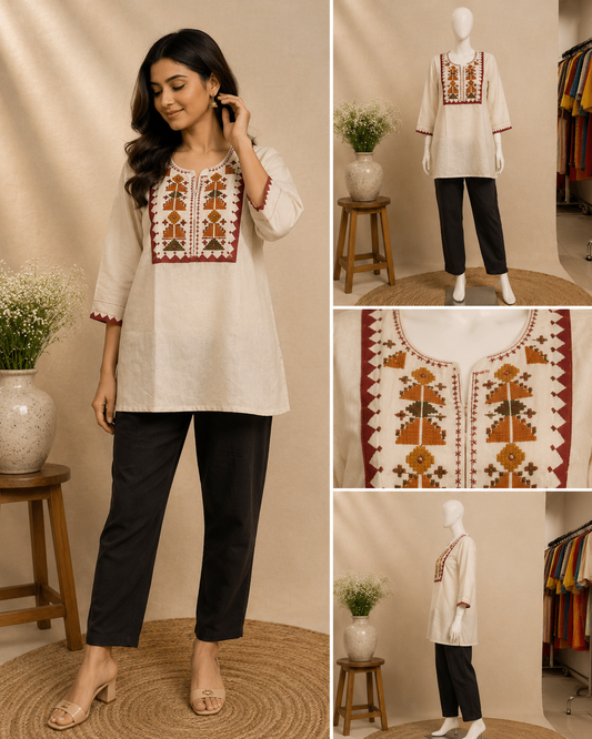 A woman modeling a cream-colored kurta with brown and red geometric embroidery on the chest and sleeve cuffs, paired with black pants. The image is a multi-view collage showing the full-body model, a mannequin view, a close-up of the embroidery, and a side profile on a warm beige studio background.