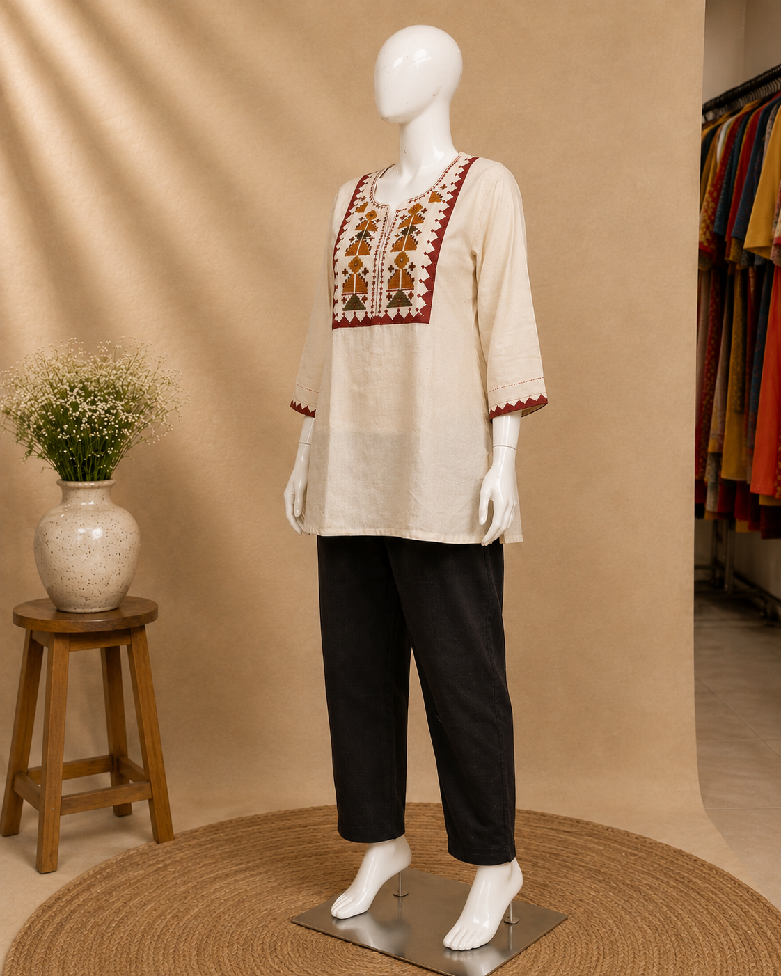 A cream-colored linen tunic top with brown and red geometric embroidery on the chest and sleeve cuffs, styled on a female mannequin with black cropped trousers, set against a warm beige studio backdrop with a small wooden stool and vase of flowers.