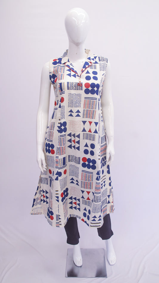 Mannequin wearing a patterned dress on a white background