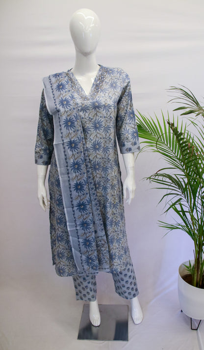 Light Blue Cotton Dupatta Set