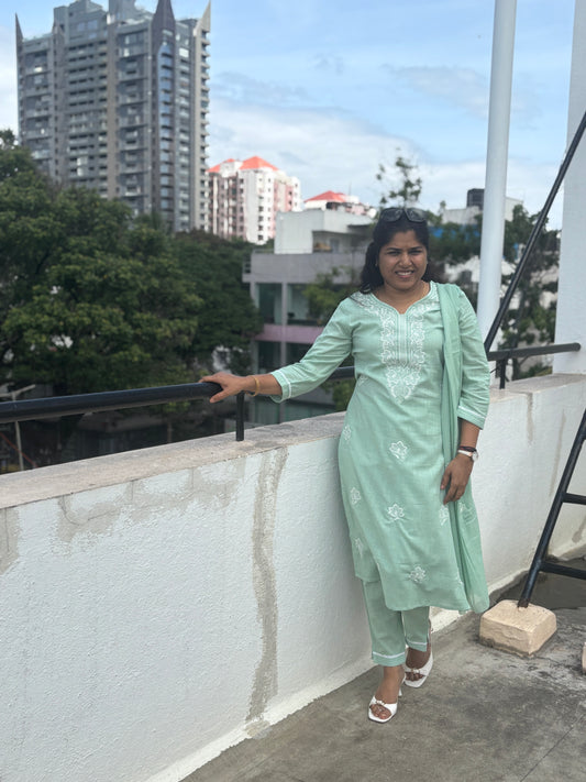 Light Peach Green Cotton Dupatta Set with T-Neck Embroidery

Straight Cotton Kurta with 3/4th Lace Sleeves – Light Green

Cotton Straight Pants with Drawstring and Pocket

2.5m Cotton Dupatta – Light Peach Green Suit Set

Casual & Office Wear Cotton Dupatta Set – Light Green