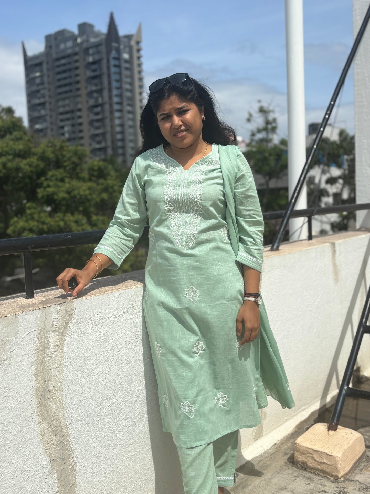 Light Peach Green Cotton Dupatta Set with T-Neck Embroidery

Straight Cotton Kurta with 3/4th Lace Sleeves – Light Green

Cotton Straight Pants with Drawstring and Pocket

2.5m Cotton Dupatta – Light Peach Green Suit Set

Casual & Office Wear Cotton Dupatta Set – Light Green