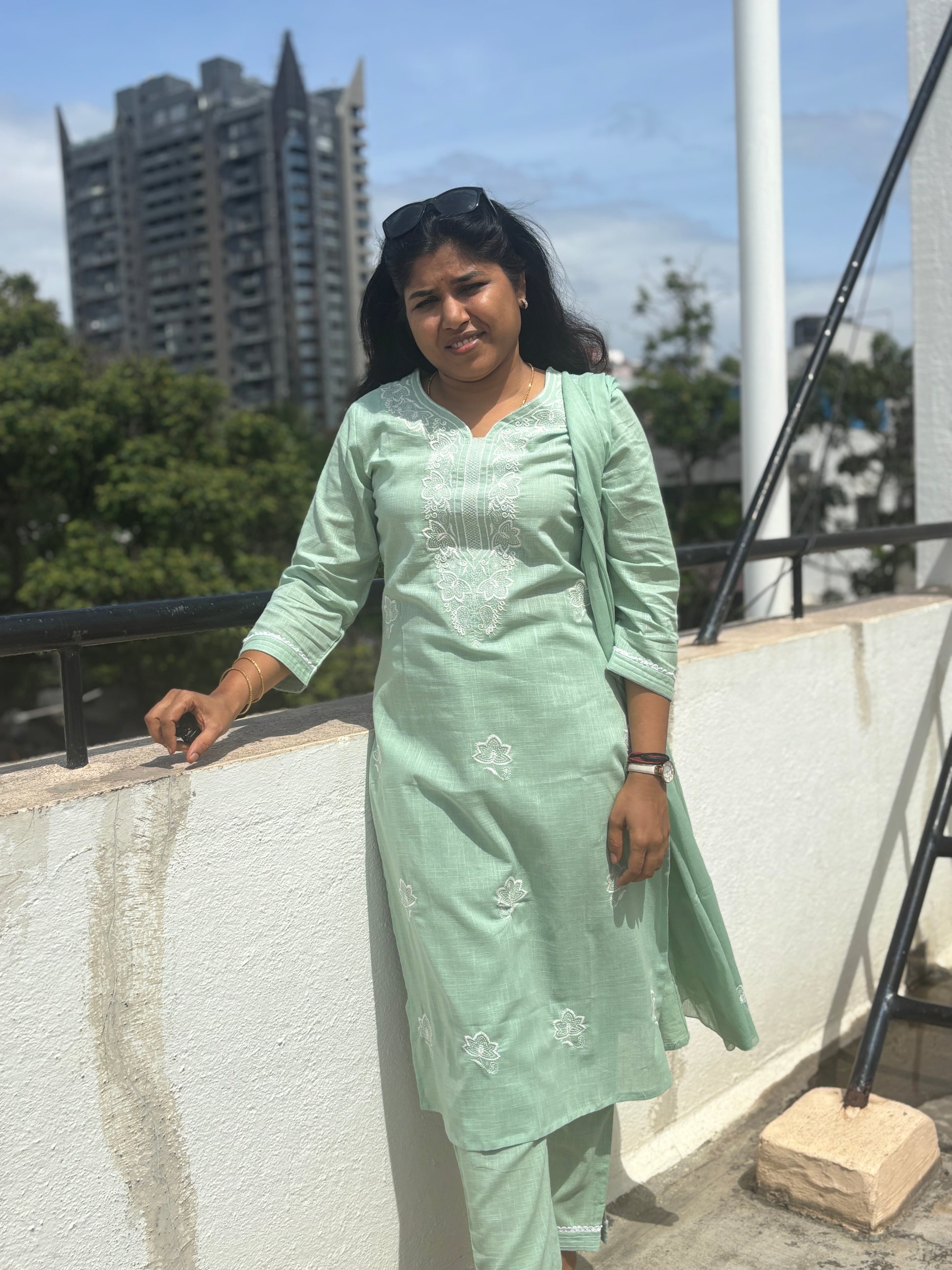 Light Peach Green Cotton Dupatta Set with T-Neck Embroidery

Straight Cotton Kurta with 3/4th Lace Sleeves – Light Green

Cotton Straight Pants with Drawstring and Pocket

2.5m Cotton Dupatta – Light Peach Green Suit Set

Casual & Office Wear Cotton Dupatta Set – Light Green