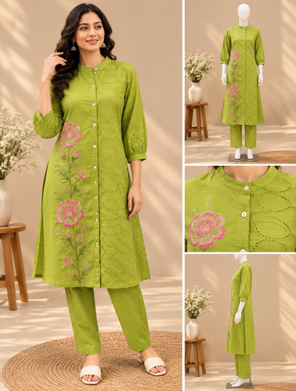 Green Hakoba cotton top and pant set with pink floral embroidery, button-down front and cutwork detailing.