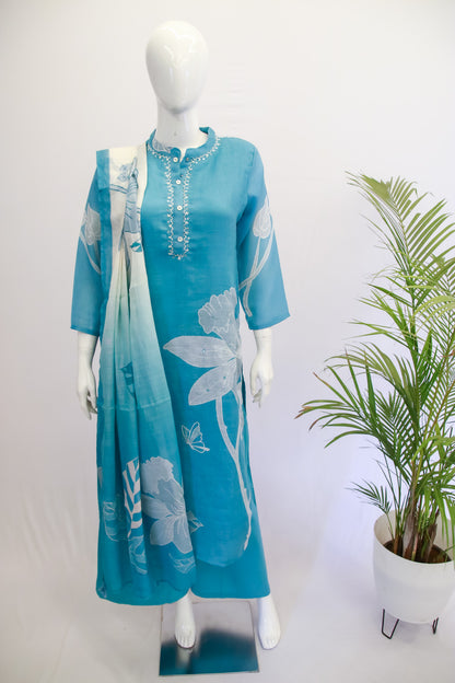 Linen Blue Dupatta Set