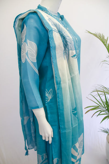 Linen Blue Dupatta Set
