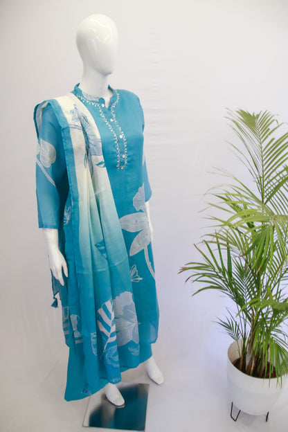 Linen Blue Dupatta Set