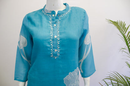 Linen Blue Dupatta Set