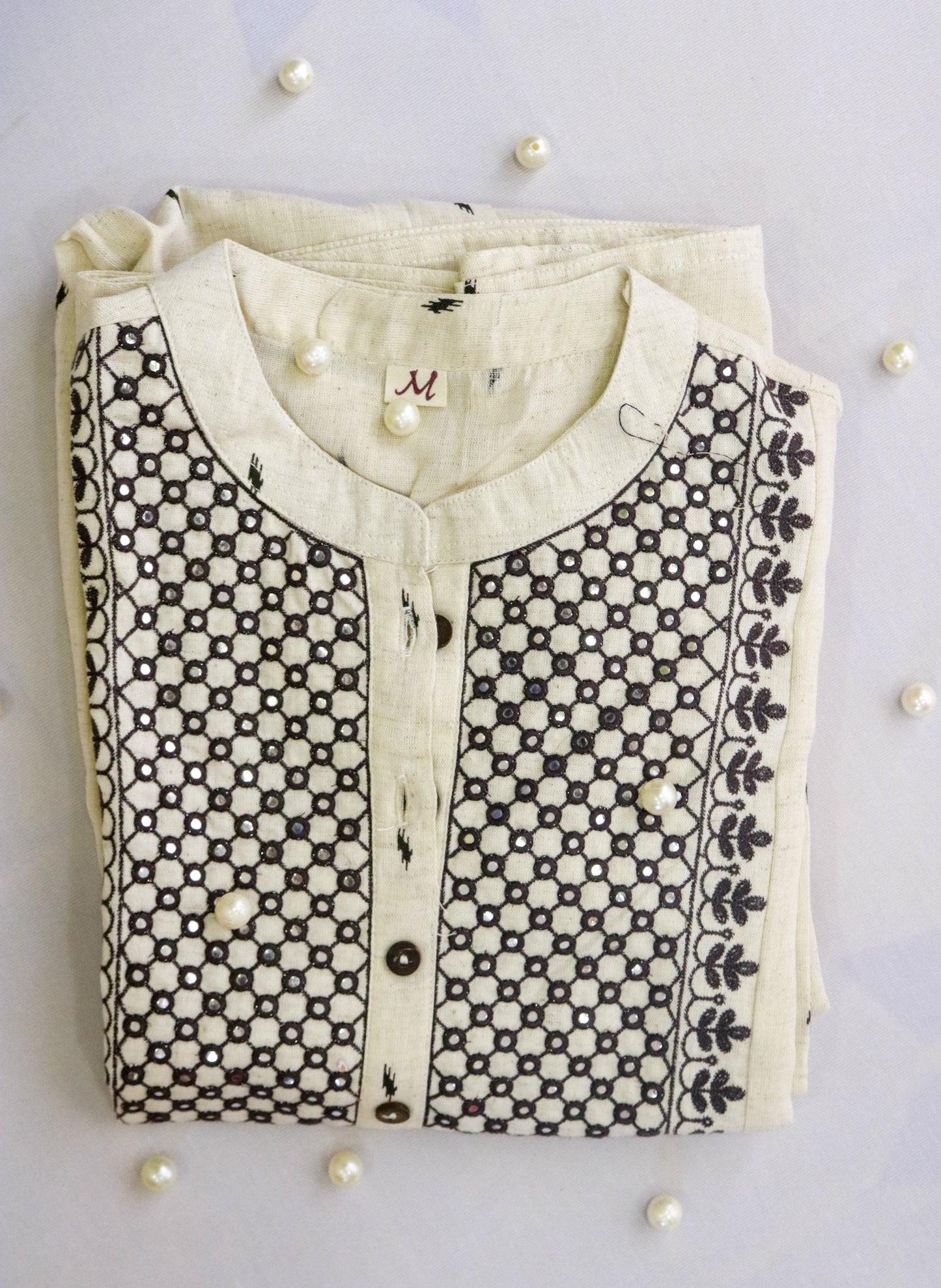 Off White Cotton Kurta with Black handwork