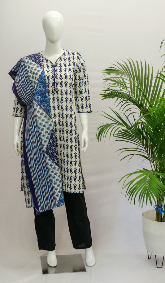 RU White & Blue Top & Dupatta Set