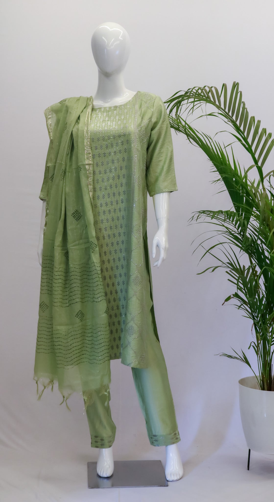 Pista Green Silk Dupatta Set