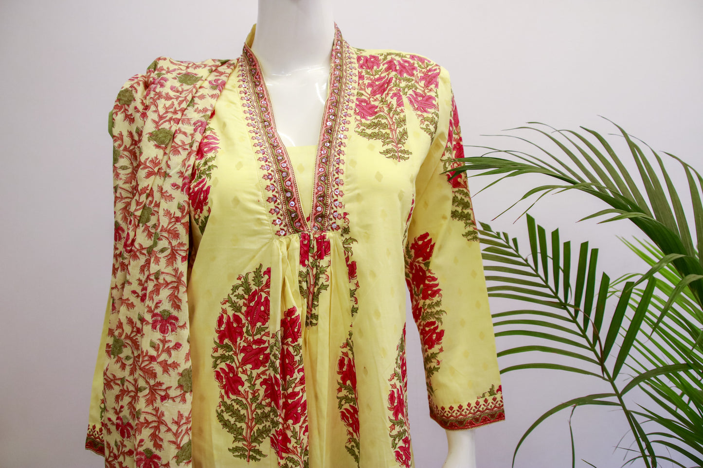 Cotton Yellow Floral Dupatta Set