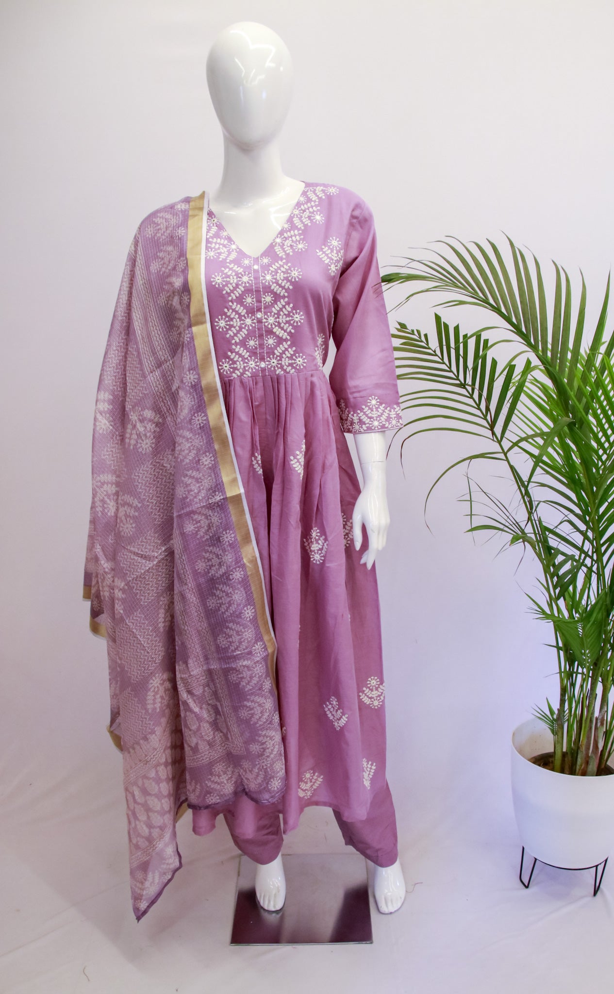 Purple Mul Cotton Anarkali Dupatta Set