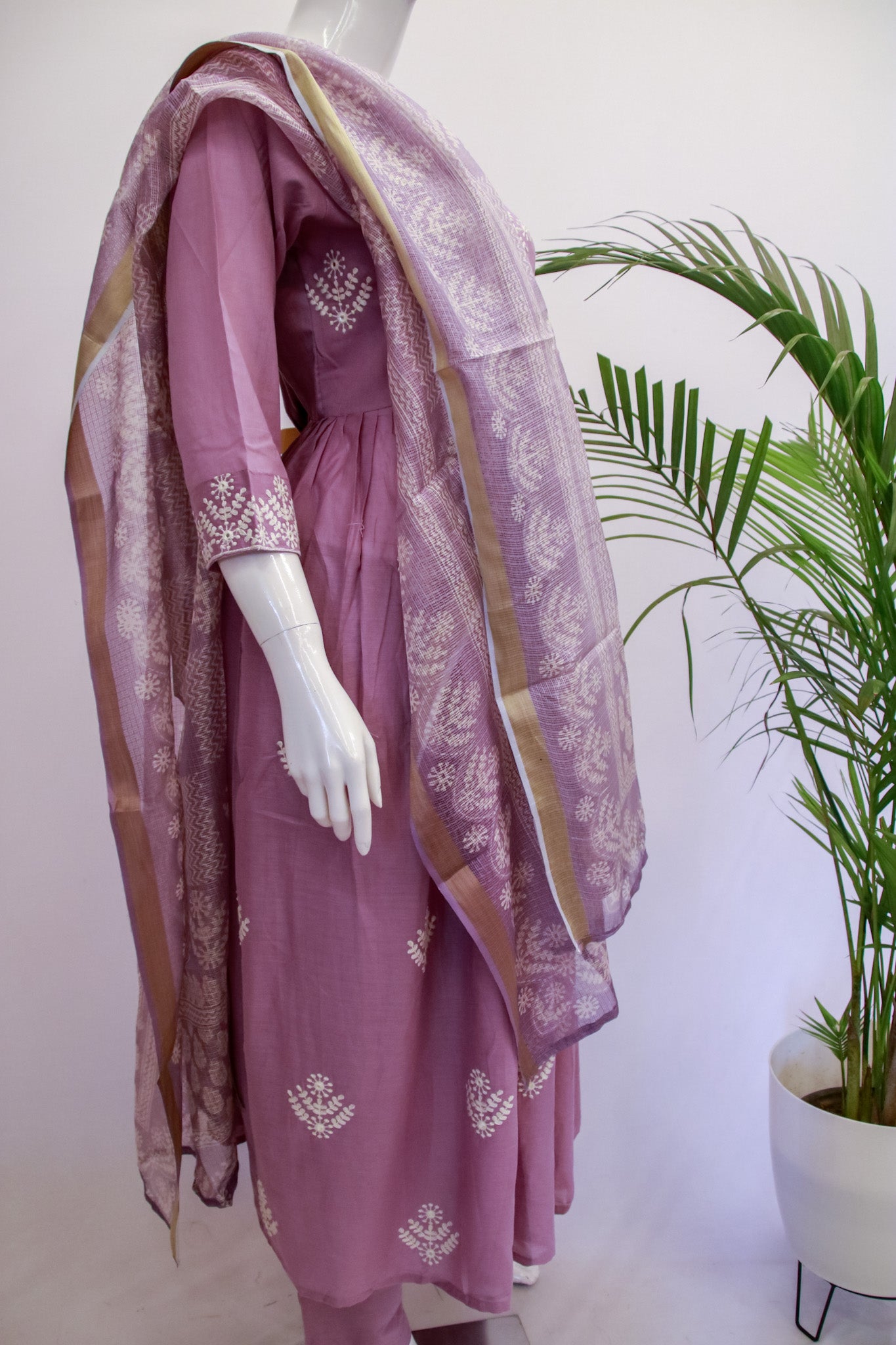 Purple Mul Cotton Anarkali Dupatta Set