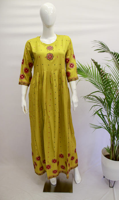 Mustard Floral Rayon Kurta Gown