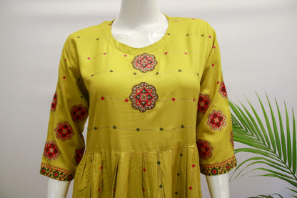 Mustard Floral Rayon Kurta Gown