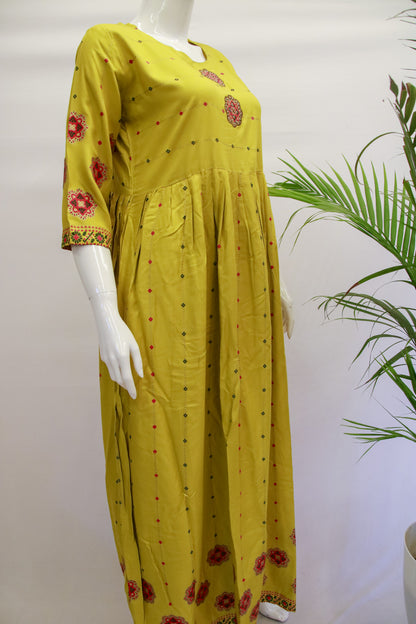 Mustard Floral Rayon Kurta Gown