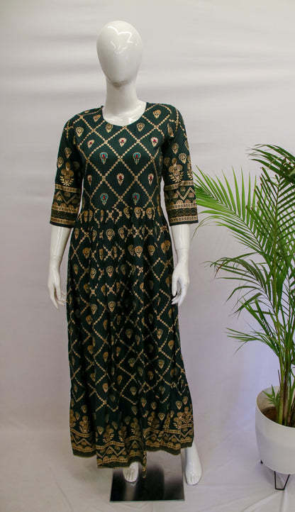 Green Rayon Floral A-Line Gown
