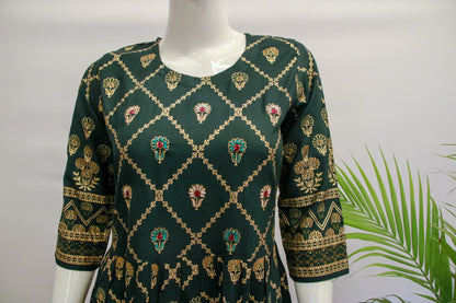 Green Rayon Floral A-Line Gown