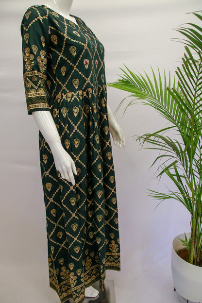 Green Rayon Floral A-Line Gown
