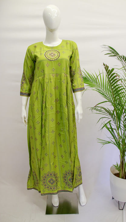Green Floral Rayon Kurta Gown