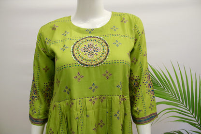Green Floral Rayon Kurta Gown