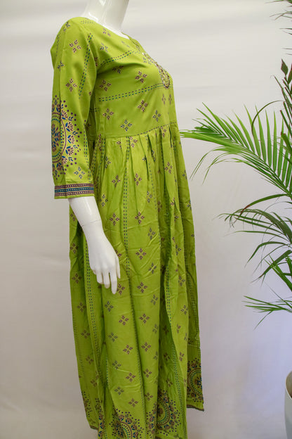 Green Floral Rayon Kurta Gown