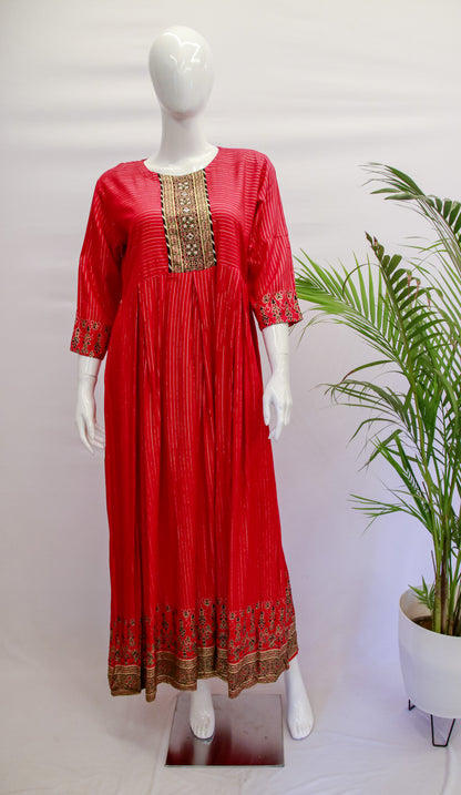 Red Floral Rayon Kurta Gown