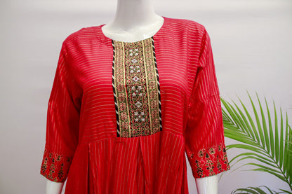 Red Floral Rayon Kurta Gown