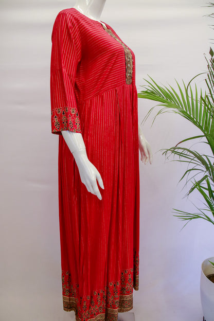 Red Floral Rayon Kurta Gown