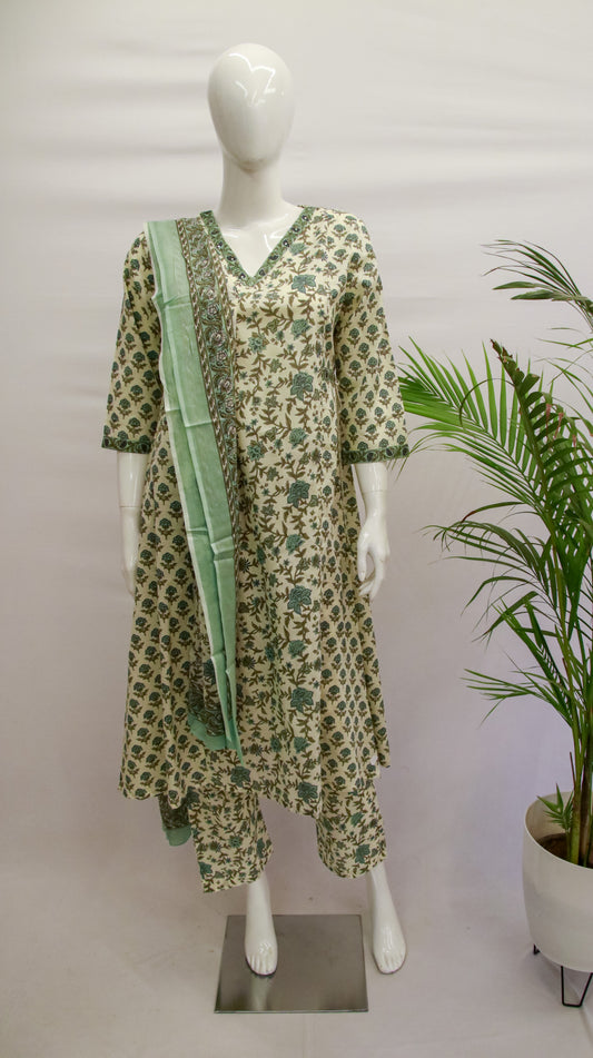 White and Green Cotton Dupatta Set