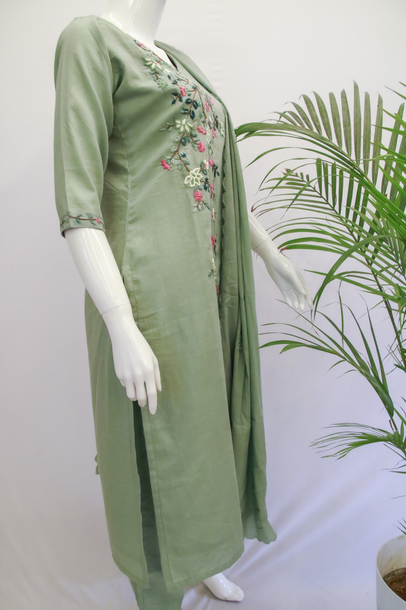 Mul Mul Cotton Green Dupatta Set