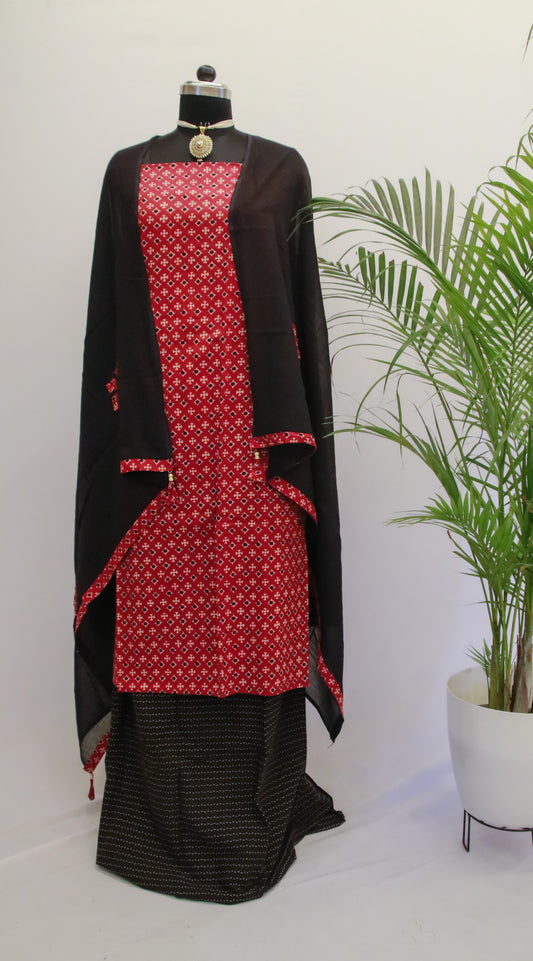 Cotton Dress Material - Red & Black