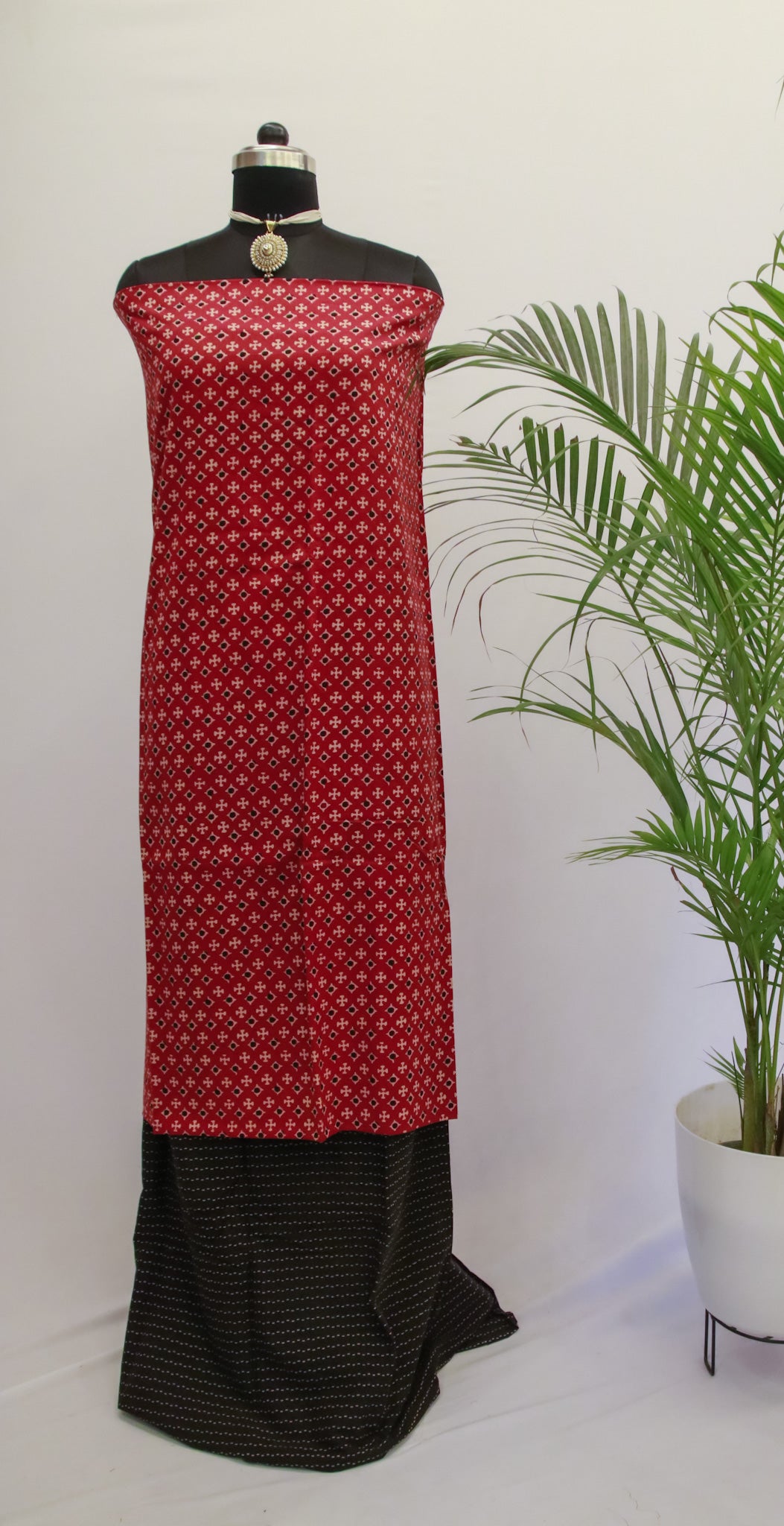 Cotton Dress Material - Red & Black