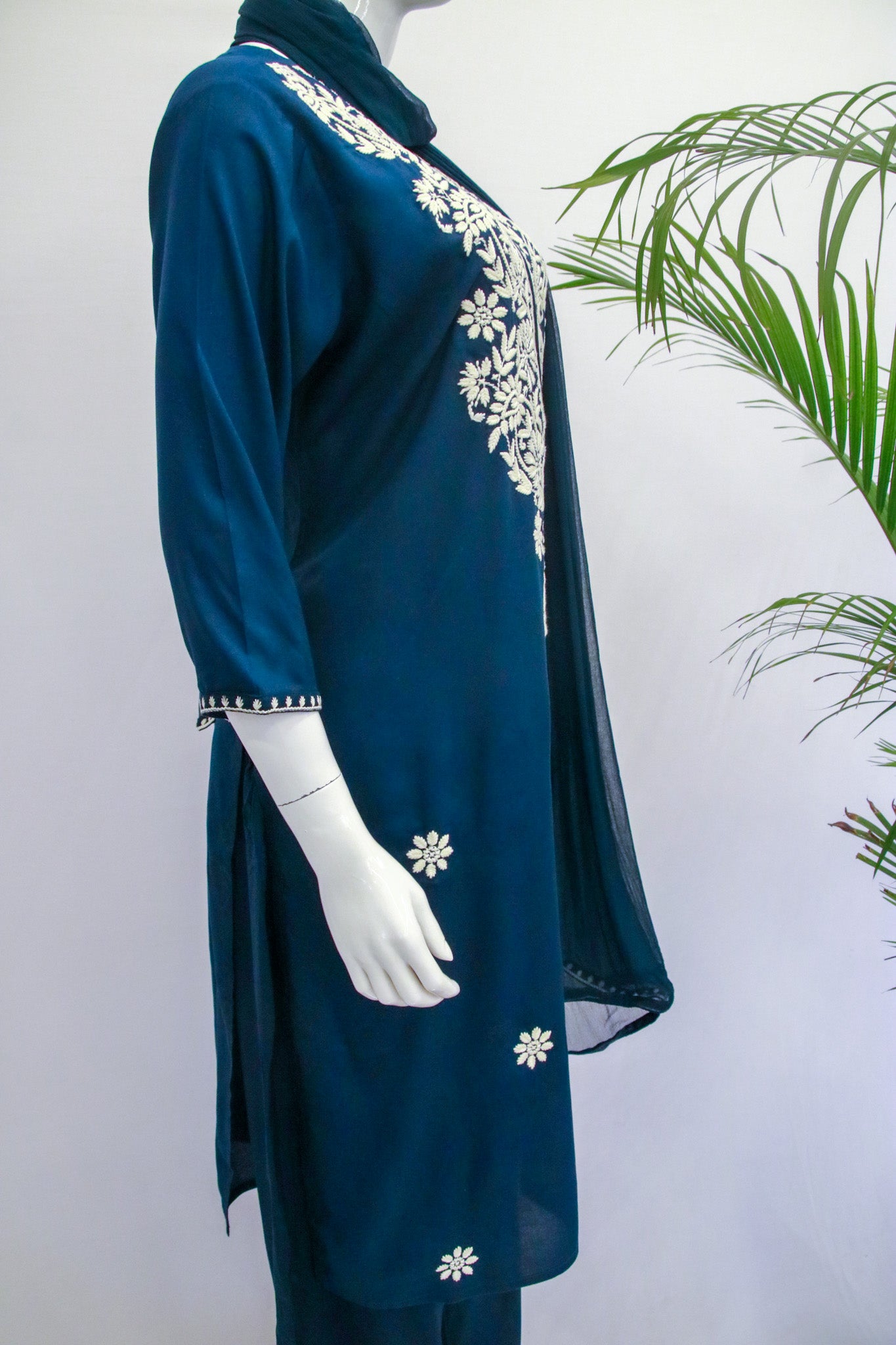 Plus Size Rayon Dark Blue Lucknowi Dupatta Set