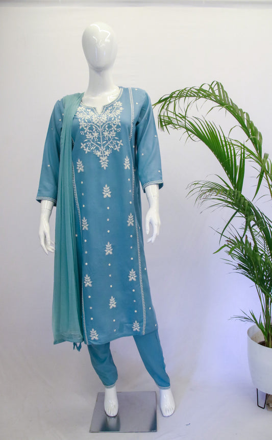 Rayon Blue Lacknowi Dupatta Set