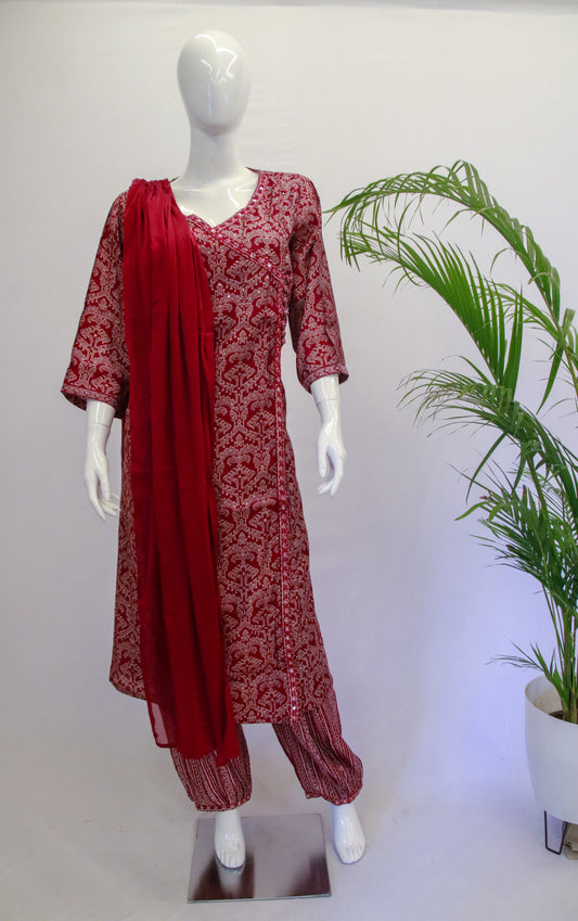 Modal Red Ajrakh Dupatta Set