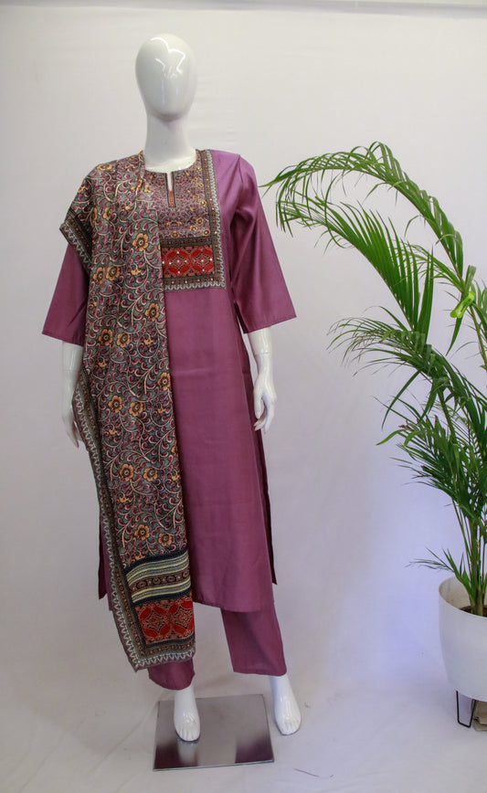 Muslin Purple Ajrakh Dupatta Set