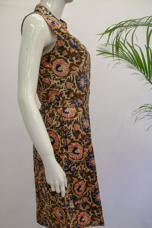 Brown with Orange Floral Rayon Dress