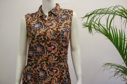 Brown with Orange Floral Rayon Dress