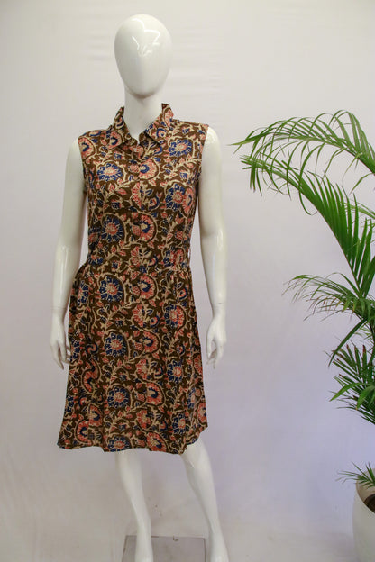 Brown with Orange Floral Rayon Dress